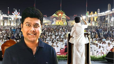 சபரீசன், திமுக பொதுக்கூட்டத்தில் உரையாற்றும் ஸ்டாலின்