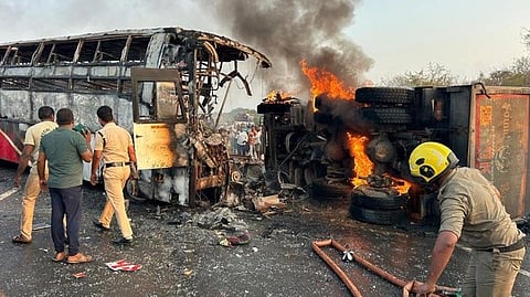 13 charred to death as bus collides with truck in Andhra bursts into flames