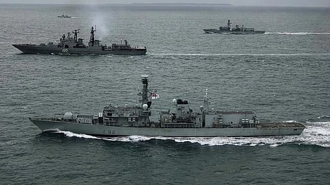 Terrified at the sight of the Russian ship  the British Navy flees in panic