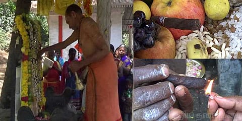 மழை வேண்டி சுருட்டு படையலிட்டு கருப்பசாமிக்கு பூஜை