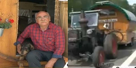 கால்பந்து போட்டிக்காக நாயுடன் டிராக்டரில் ரஷ்யா செல்லும் ரசிகர்