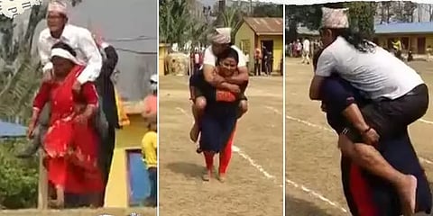 “ஆணுக்கு பெண் சரிசமம்” - நேபாளத்தில் கணவரை முதுகில் சுமந்து ஓட்டப்பந்தயம் ஓடிய பெண்கள்!