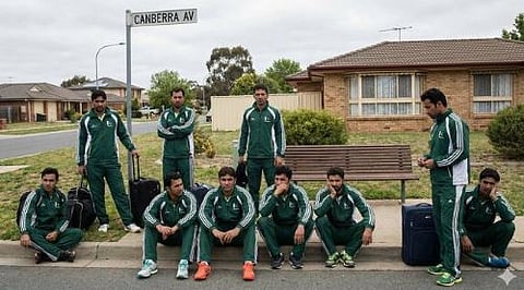 சாலையோரத்தில் அமர்ந்துள்ள பாகிஸ்தான் ஹாக்கி வீரர்கள் 