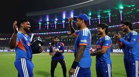 Sanju Samson celebrates with the team mates 