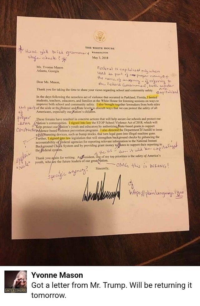 ریٹائرڈ خاتون ٹیچر نے لگائی ٹرمپ کی کلاس، وائٹ ہاؤس کا خط اصلاح کے بعد لوٹایا