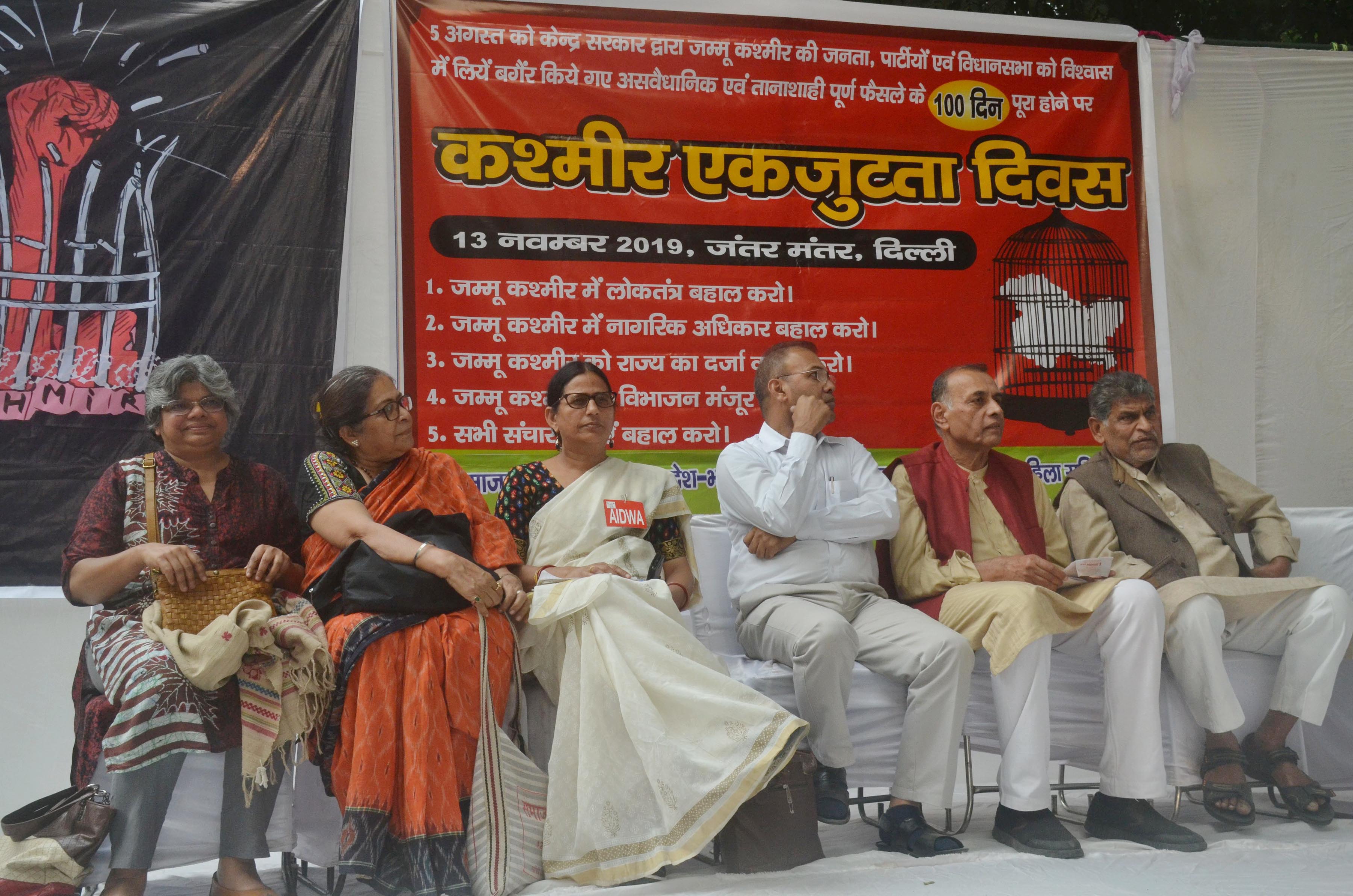 مرکزی حکومت کی جانب سے دفعہ 370 کو منسوخ کرنے کے 100 دن مکمل ہونے پر دہلی میں تنظیم ’ایڈوا‘ کی جانب سے جنتر منتر پر احتجاج کیا گیا / تصویر یو این آئی