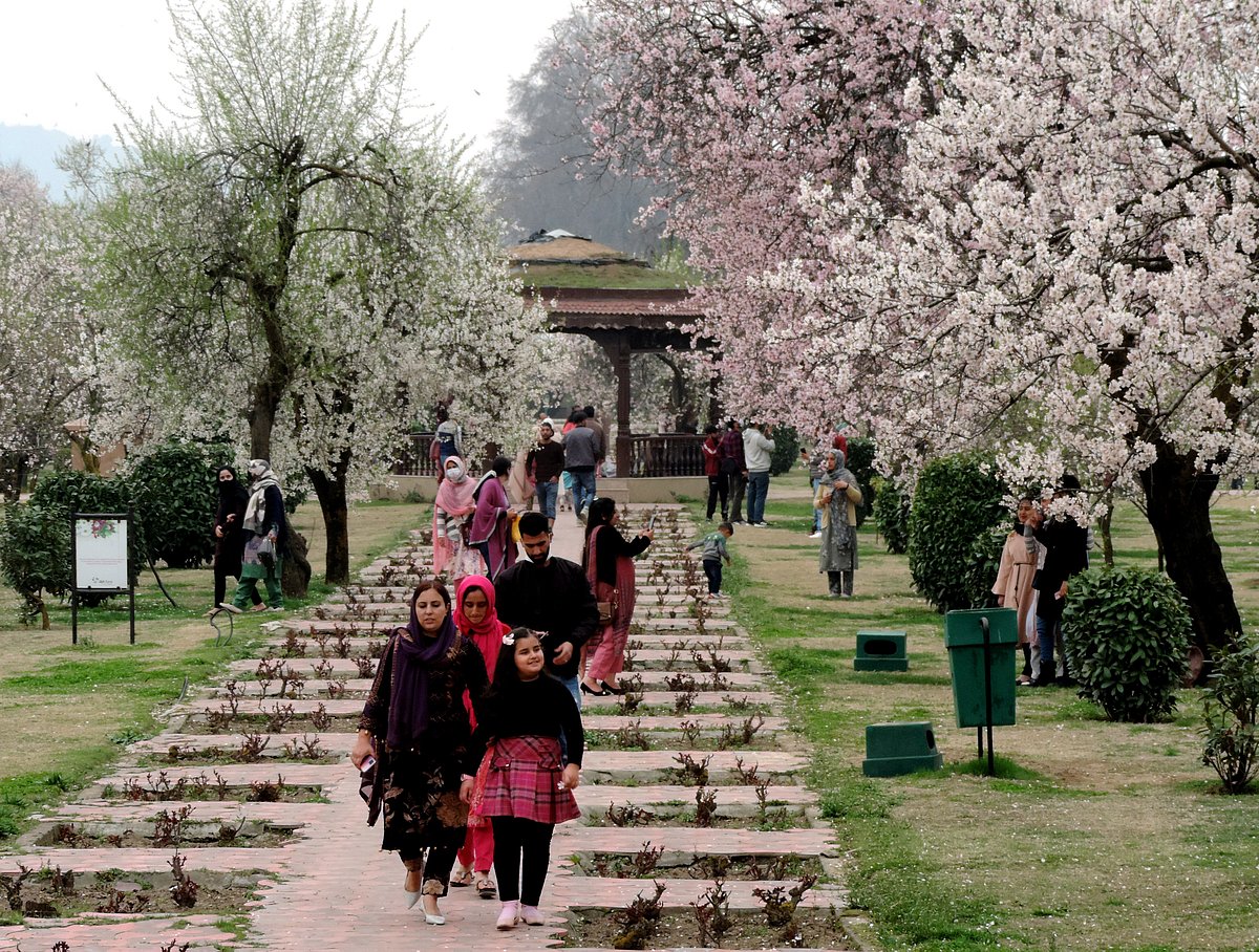 کشمیر میں موسم خوشگوار ہونے سے مشہور تفریح گاہ ’بادام واری‘ میں سیاحوں کی بھیڑ