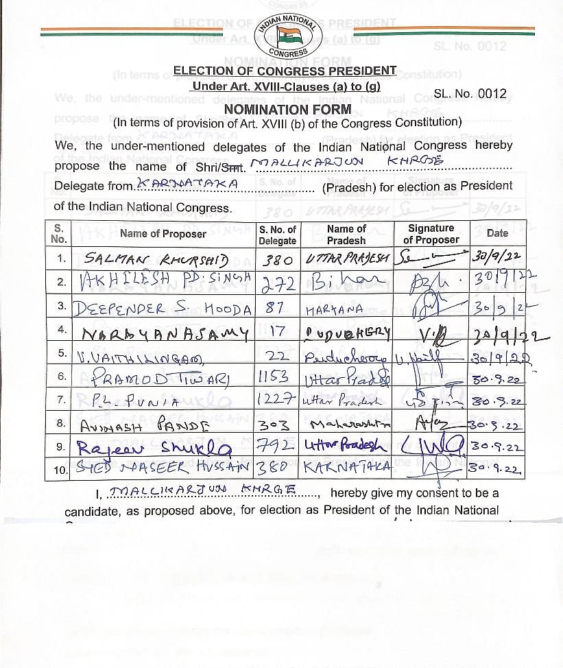 کانگریس صدر عہدہ کے لیے ششی تھرور، ملکارجن کھڑگے اور کے این ترپاٹھی نے بھرا نامزدگی کا پرچہ