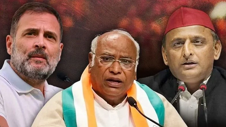 <div class="paragraphs"><p>(بائیں سے دائیں) راہل گاندھی، ملکارجن کھڑگے اور اکھلیش یادو</p></div>