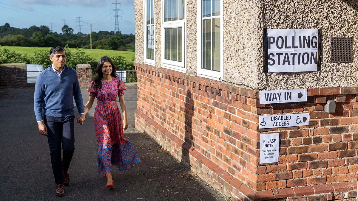 <div class="paragraphs"><p>برطانیہ کے وزیر اعظم رشی سنک اپنی اہلیہ کے ہمراہ ووٹ ڈالنے جاتے ہوئے / آئی اے این ایس</p></div>