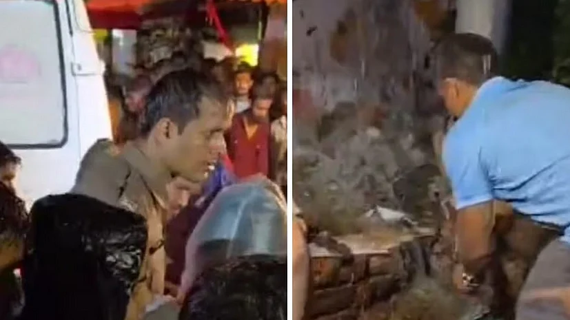 <div class="paragraphs"><p>مہاکال مندر کے قریب ایک دیوار منہدم ہونے کے بعد کا منظر، تصویر سوشل میڈیا</p></div>