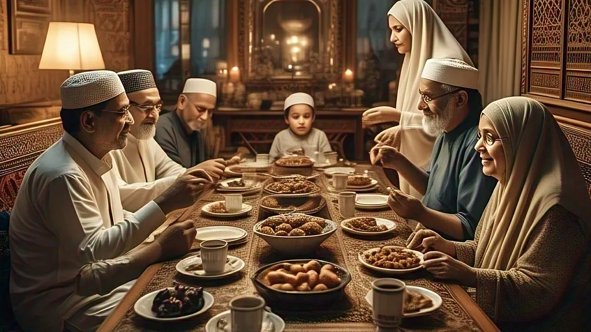 <div class="paragraphs"><p>سحری کرتے ہوئے مسلم کنبہ کی علامتی تصویر، اے آئی</p></div>