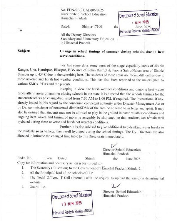 ہماچل میں شدید گرمی کے درمیان بڑا فیصلہ، اسکولوں کا ٹائم ٹیبل تبدیل کرنے کے احکامات جاری