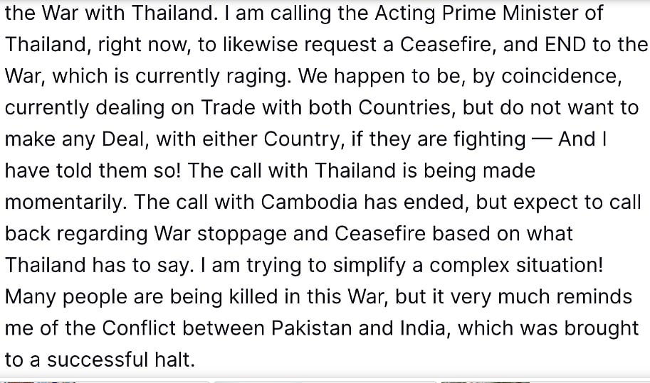 ٹرمپ نے کمبوڈیا-تھائی لینڈ کوتجارت کی دی دھمکی، ہندوستان پاک تنازعہ کا کیا پھر ذکر
