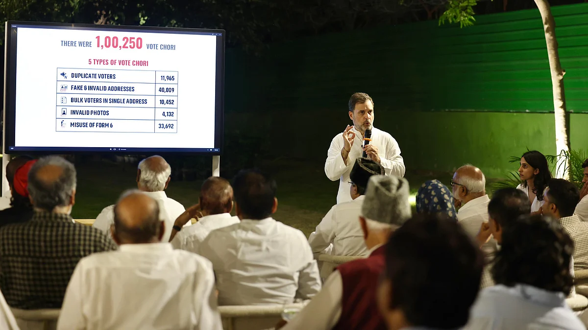 <div class="paragraphs"><p>راہل گاندھی انڈیا بلاک کے لیڈران کو ’ووٹ چوری‘ سے متعلق پریزنٹیشن دیتے ہوئے، تصویر @INCIndia</p></div>