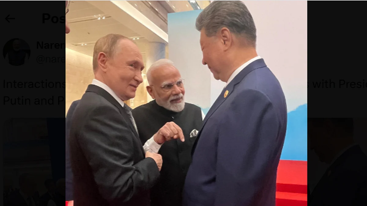 <div class="paragraphs"><p>نریندر مودی، ولادیمیر پوتن اور شی جن پنگ محو گفتگو۔ تصویر ’ایکس‘ <a href="https://x.com/narendramodi">@narendramodi</a></p></div>