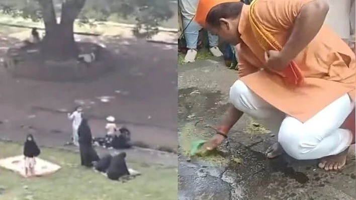 <div class="paragraphs"><p>نماز پڑھتی ہوئی برقع نشیں خواتین (بائیں) اور گائے کے پیشاب سے ’شدھی کرن‘ کرتے بی جے پی لیڈر (دائیں)، تصویر سوشل میڈیا</p></div>