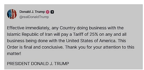 ٹرمپ نے ایران کے ساتھ کاروبار کرنے والے ممالک پر 25 فیصد ٹیکس عائد کیا