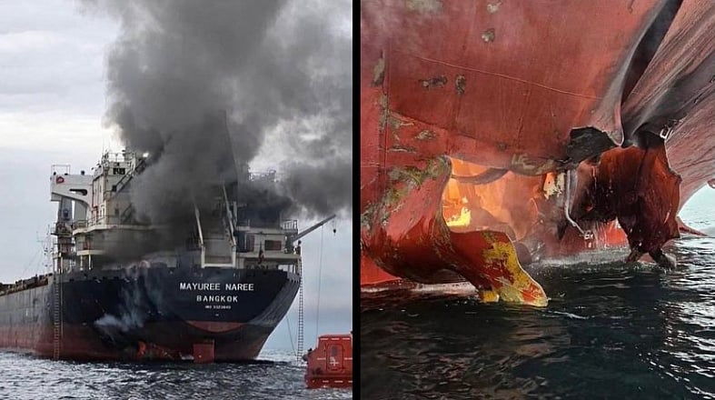 <div class="paragraphs"><p>تھائی لینڈ کے کارگو جہاز پر آبنائے ہرمز میں حملہ، تصویر سوشل میڈیا</p></div>
