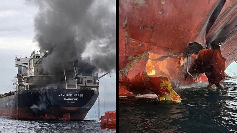 <div class="paragraphs"><p>تھائی لینڈ کے کارگو جہاز پر آبنائے ہرمز میں حملہ، تصویر سوشل میڈیا</p></div>