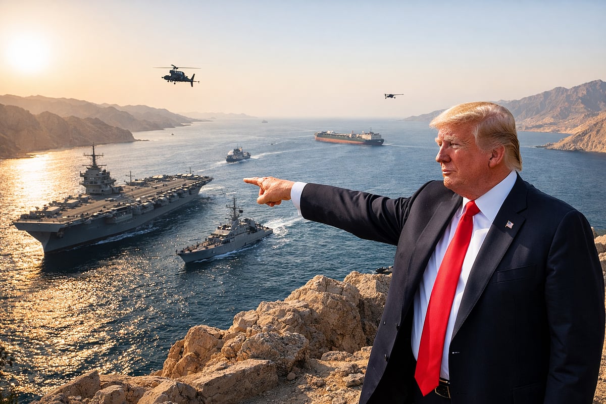 <div class="paragraphs"><p>آبنائے ہرمز اور ڈونالڈ ٹرمپ، تصویر اے آئی</p></div>