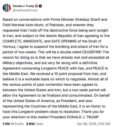 ٹرمپ نے دو ہفتہ کے لئے جنگ بندی کا اعلان کیا، تہران نے بھی کیا اس کی تصدیق کر دی؟