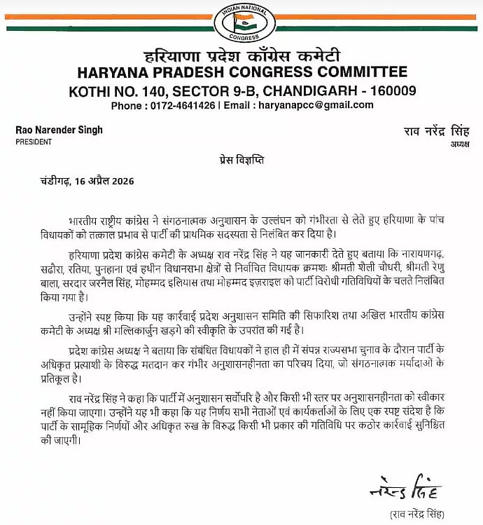 راجیہ سبھا انتخاب: کراس ووٹنگ کرنے والے 5 اراکین اسمبلی کے خلاف ہریانہ کانگریس کا سخت ایکشن، معطلی کا حکم جاری