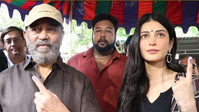 <div class="paragraphs"><p>کمل ہاسن اپنی بیٹی شروتی ہاسن کے ساتھ ووٹنگ کے بعد، تصویر سوشل میڈیا</p></div>