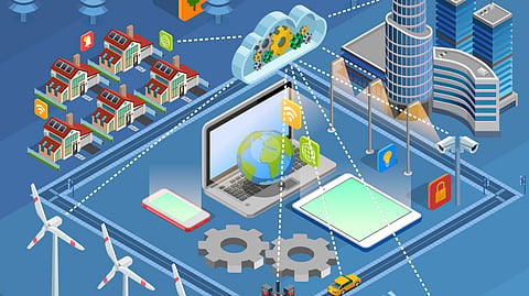 An illustrated smart city ecosystem featuring wind turbines, connected homes, digital networks, and renewable energy infrastructure.