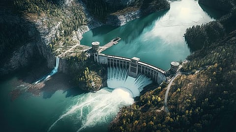 Pumped hydro storage dam integrated with renewable energy infrastructure.