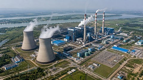 Aerial view of a thermal power plant with cooling towers, smokestacks, and power infrastructure.