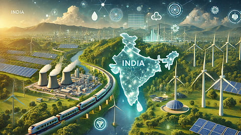 Digital illustration depicting India’s renewable energy ecosystem with solar farms, wind turbines, clean transport, and sustainability technologies.