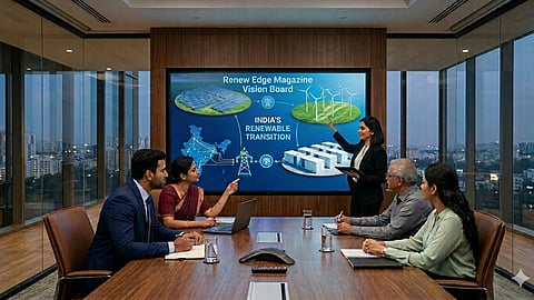 Professionals collaborating on the Renew Edge Vision Board, discussing the ideas, innovations, and investments shaping India's renewable energy transition.