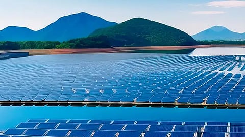 Floating solar panels installed on a large reservoir surrounded by hills and water.
