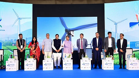 Officials and industry leaders on stage during the launch of the WT-MARUT wind supply chain management portal at Global Wind Day 2026.