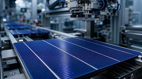 Solar cells moving through an automated manufacturing line inside a photovoltaic production facility.