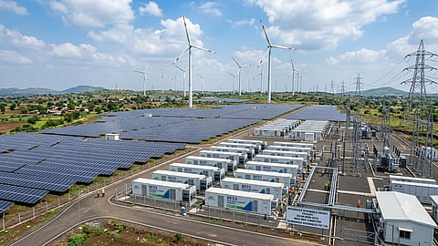 Solar panels, wind turbines and battery energy storage containers at a grid-connected renewable energy facility.
