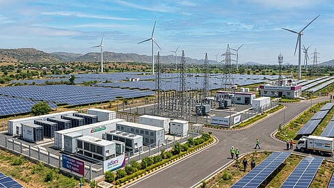 Integrated renewable energy facility with solar panels, wind turbines and battery energy storage systems.