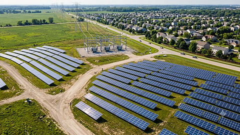 Community solar farm connected to a local electricity substation.