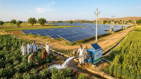 PM-KUSUM solar-powered irrigation pump serving agricultural farmland.