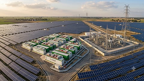 Solar power plant with battery energy storage system and electrical substation.