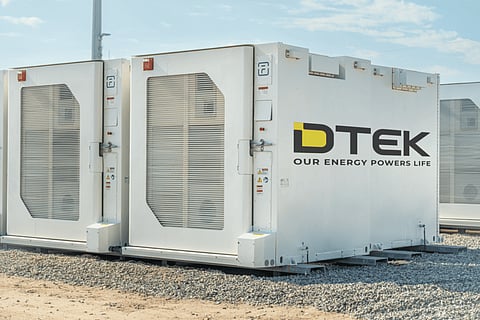 DTEK-branded battery energy storage containers arranged at a utility-scale facility, with ventilation systems visible on the units and a clear sky in the background.