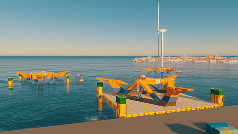 Gazelle Wind Power floating offshore wind platform concept with a large wind turbine and multiple modular floating structures installed offshore near a coastal city.