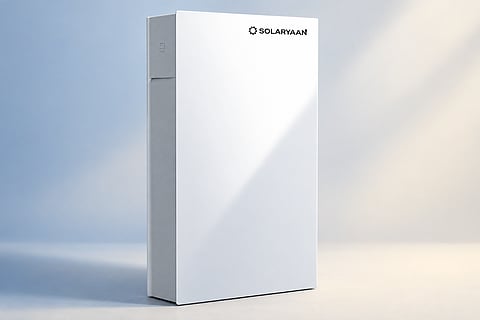 White Solaryaan energy storage unit with a sleek, wall-mounted cabinet design.