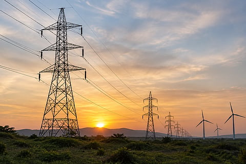 A large steel electricity transmission tower and overhead power lines recede across a rural landscape at sunset, with wind turbines visible on the horizon.
