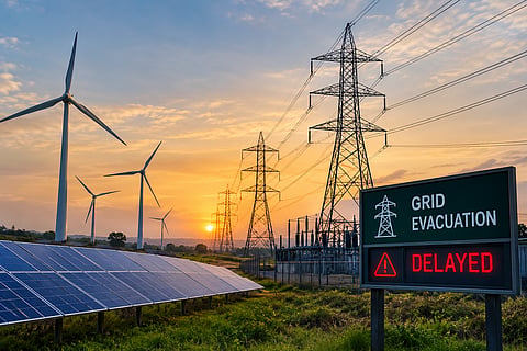 Solar panels and wind turbines alongside high-voltage transmission towers and power lines at sunset, illustrating grid infrastructure delays affecting renewable power evacuation in India.