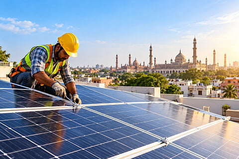 Solar panels being installed on a rooftop by a technician, representing the expansion of rooftop solar installations in Uttar Pradesh.
