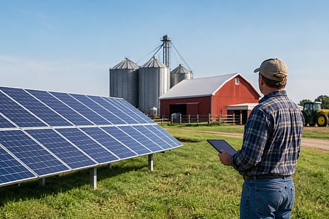 A farmer holding a tablet stands beside rows of solar panels at a farm with a red barn, grain silos and a tractor in the background.