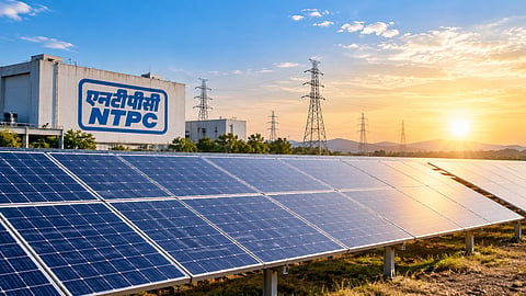 Solar photovoltaic panels at a large-scale solar power facility beside an NTPC-branded building, with electricity transmission towers in the background at sunset.