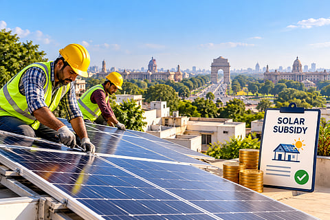 Workers install rooftop solar panels against a New Delhi skyline, with a solar subsidy graphic representing financial incentives for residential solar installations.